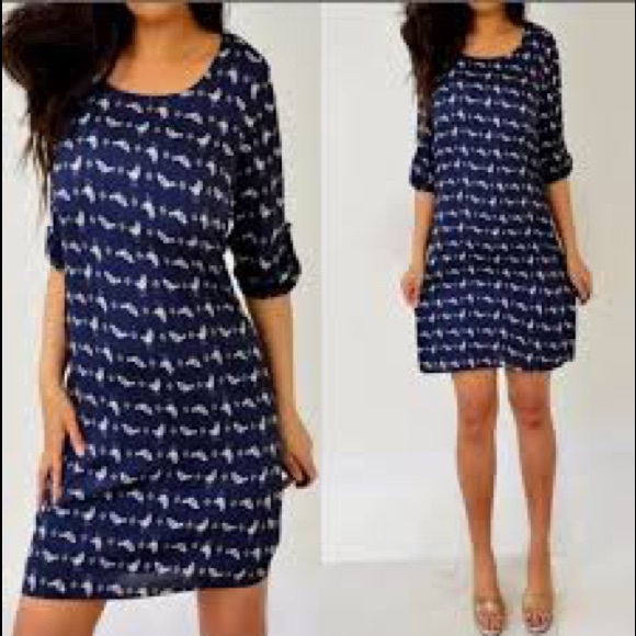 Lily Rose Navy Blue Bird 3/4 Sleeve Polyester Dress; Medium - Picture 1 of 10